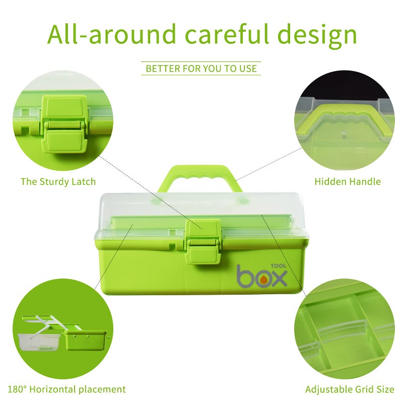 TERGOO 12in Three-Layer Multipurpose Storage Box Folding Tool Box/Art & Crafts Case/Sewing Supplies Organizer/Medicine Box/Family First Aid Box with 2 Trays (Green) - Image 3